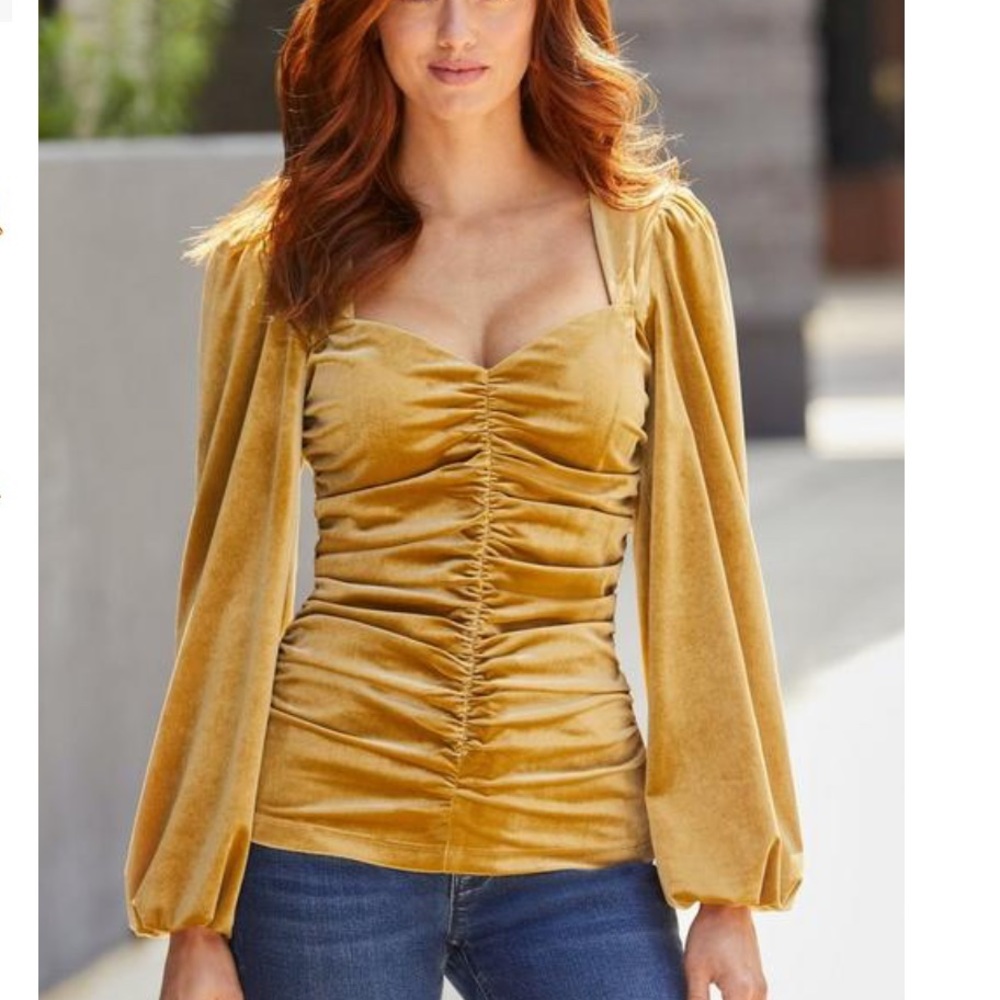 Velvet Ruched Sweetheart Top Emerald Gold  Color Size XS